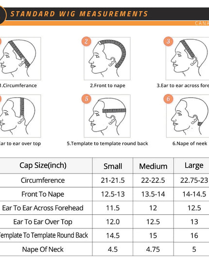 Standard wig measurements chart with head illustrations and size guide.