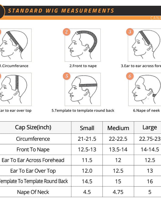 Standard wig measurements chart with head illustrations and size guide.