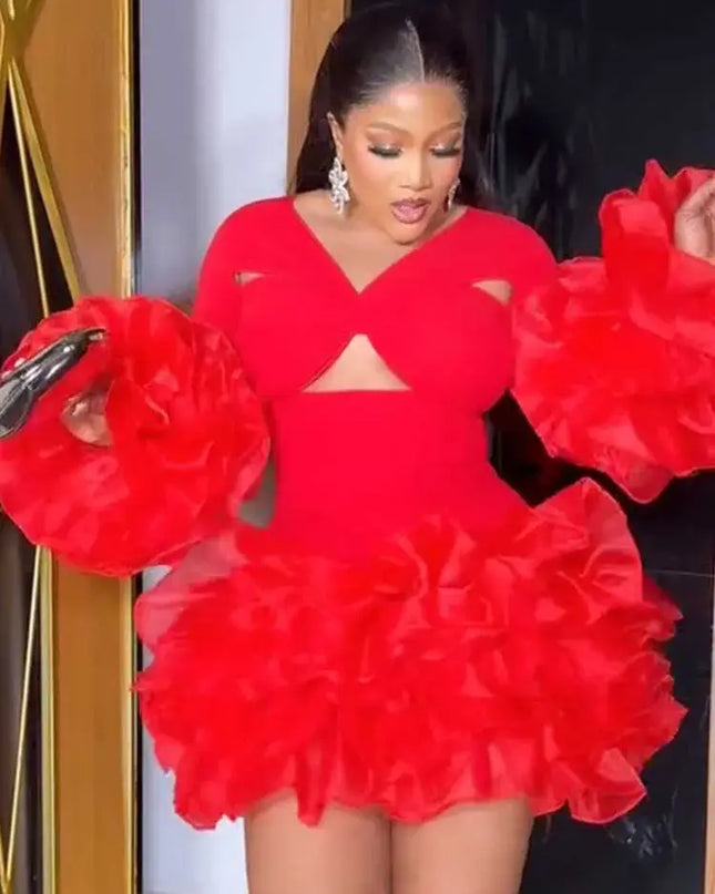 Sexy petal sleeve mini dress with dramatic red ruffle skirt and long petal sleeves, perfect for spring parties.