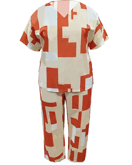 Plus - Size Retro Geometric Set! Brown & White Color - Block, Slay Your Daily Outings