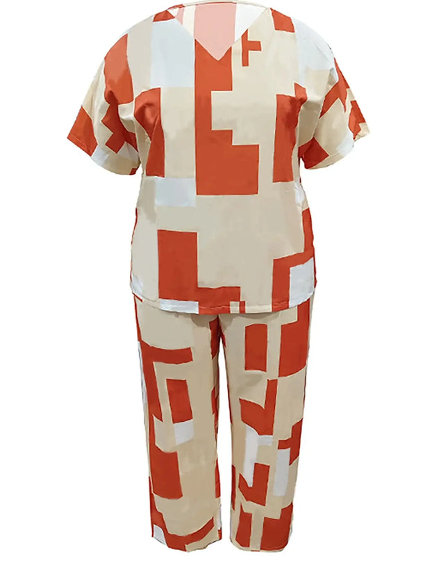 Plus - Size Retro Geometric Set! Brown & White Color - Block, Slay Your Daily Outings