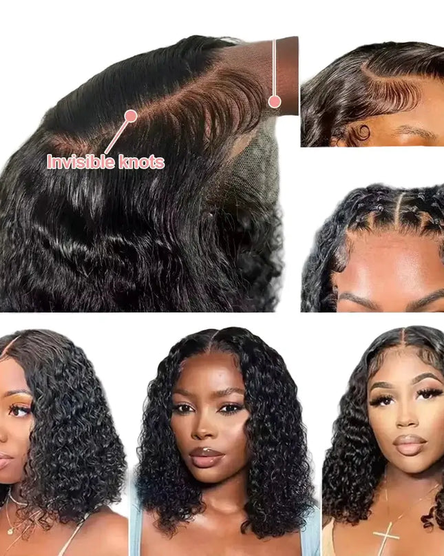 Collage of HD Swiss lace wigs with close-up details and model wearing the wig.