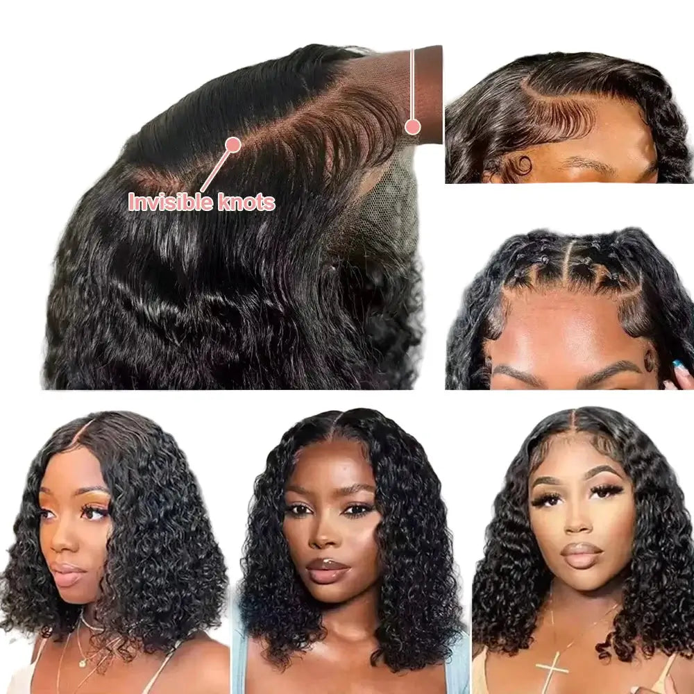 Collage of HD Swiss lace wigs with close-up details and model wearing the wig.