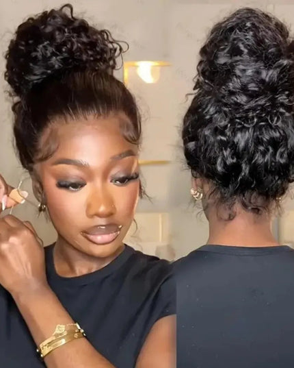 Woman with styled hair from front and back views, wearing a black top.
