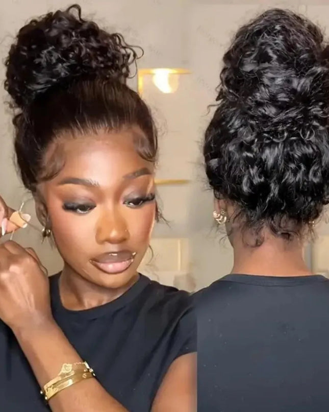 Woman with styled hair from front and back views, wearing a black top.