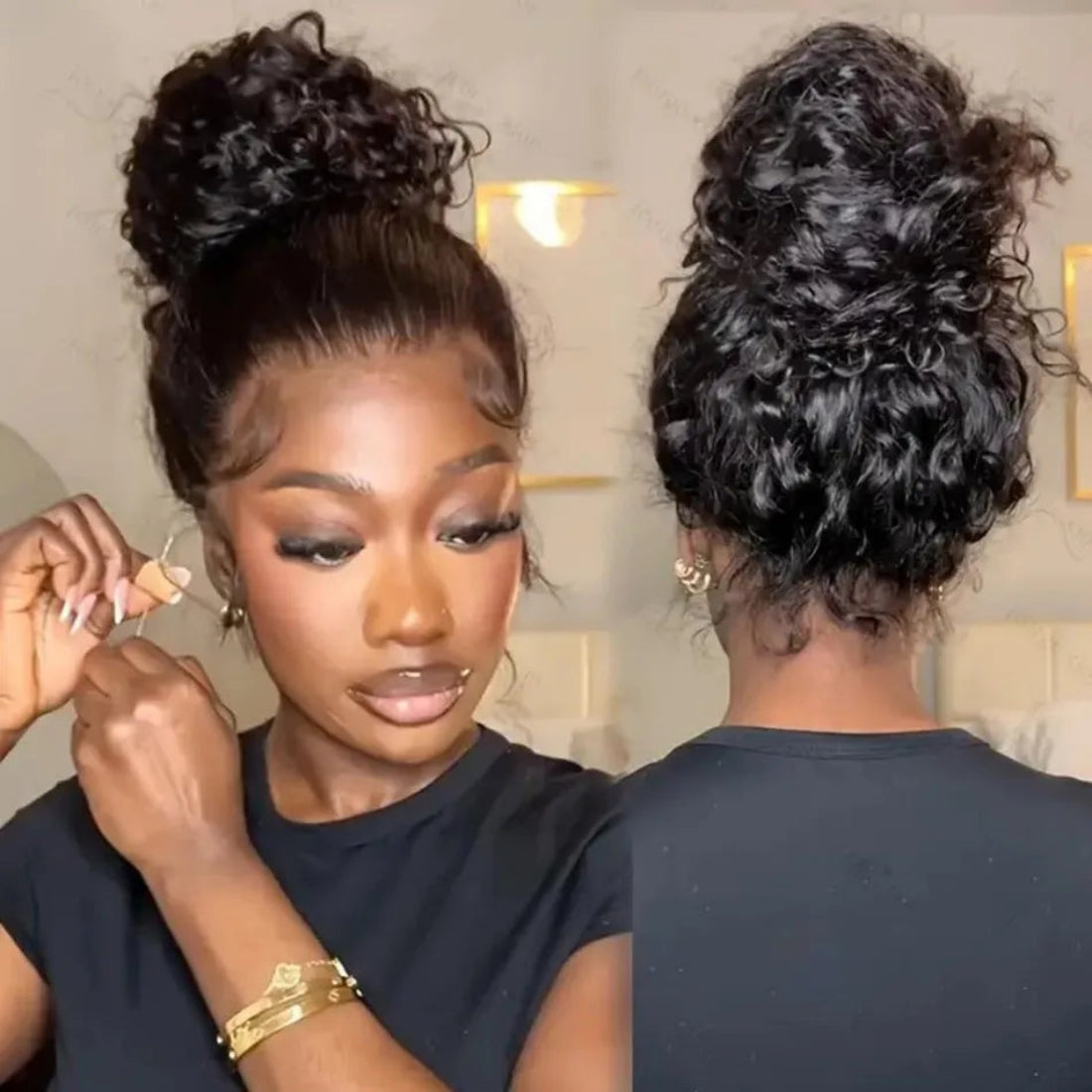 Woman with styled hair in different angles, wearing a black jacket.