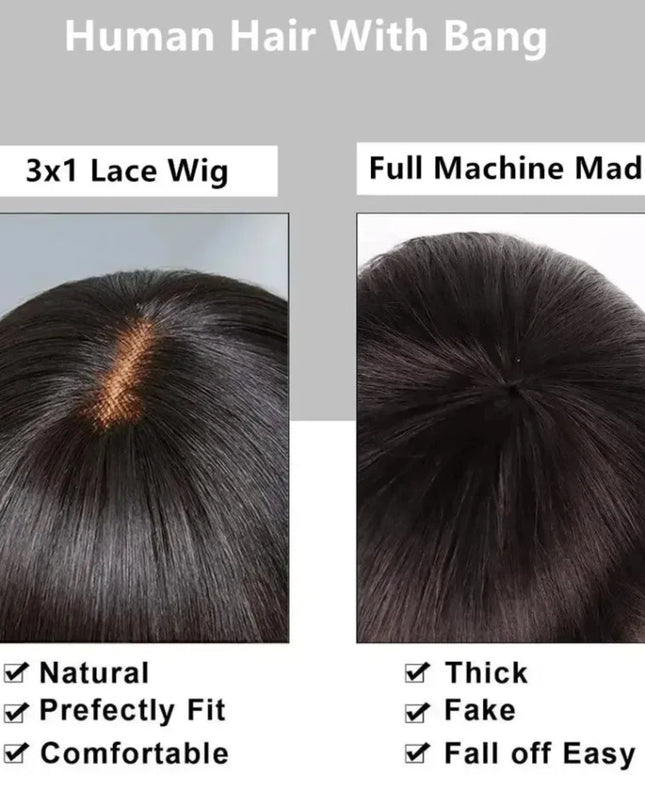 Comparison of 3x1 lace wig and full machine-made wig with text highlighting features.
