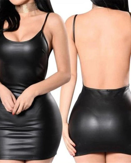 Black leather dress shown from front and back on a white background