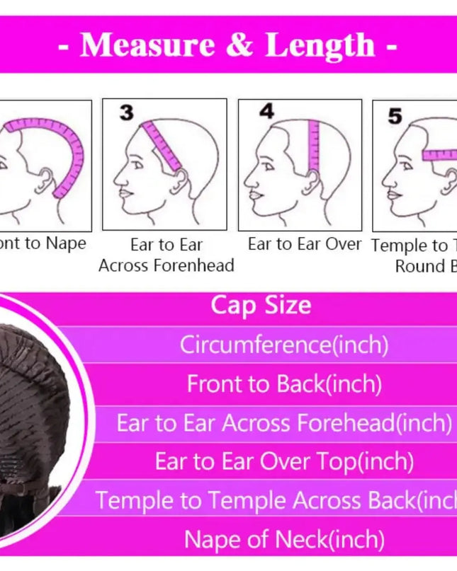 Hair measurement chart with illustrations and cap size details on a white background
