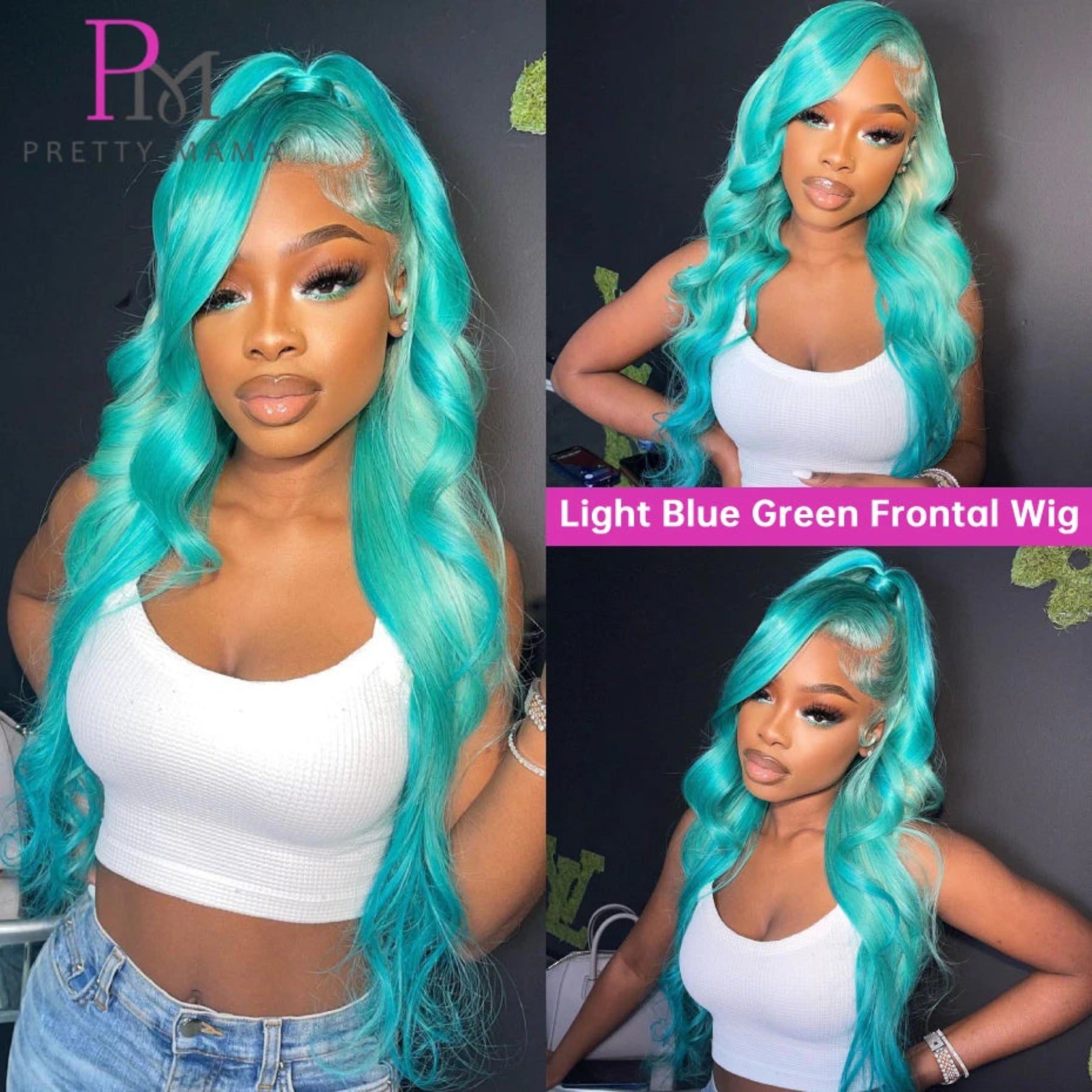 Woman with light blue green hair styled in a wig, wearing a white top and denim shorts.