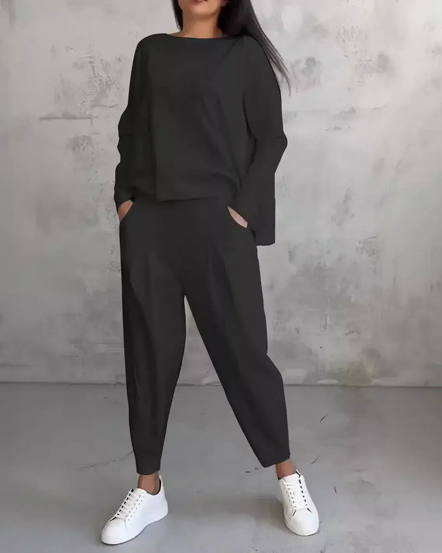 Women's Two-piece Solid Color Round Neck Long Sleeved Top and Casual Pants Set for Autumn 2024