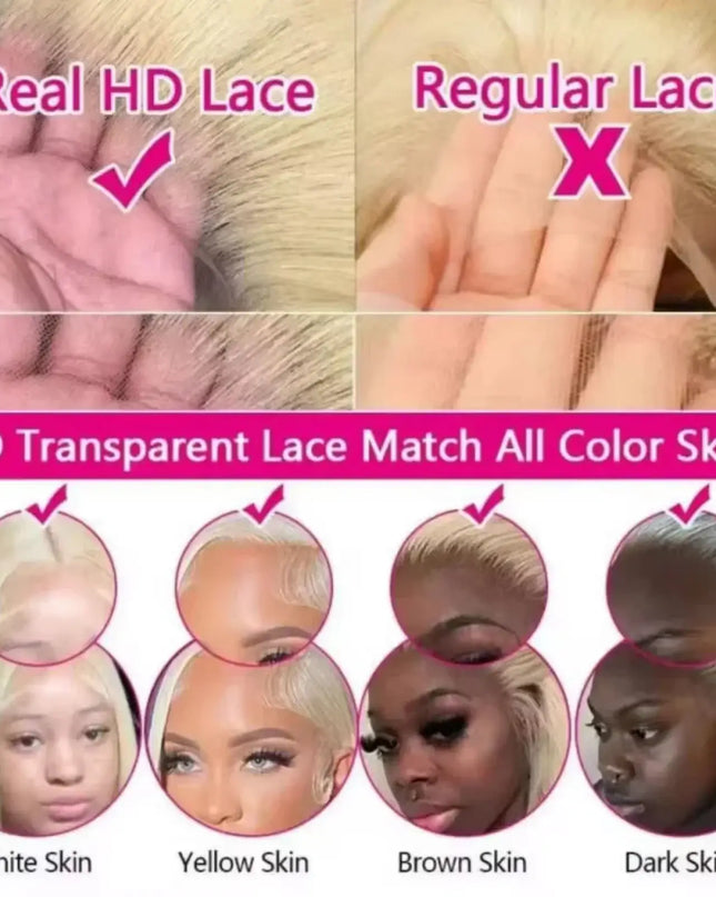 Comparison of Real HD Lace and Regular Lace with color match options for different skin tones.