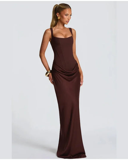 Brown pleated maxi dress showcasing a square neck and sleeveless design, perfect for elegant evening occasions.