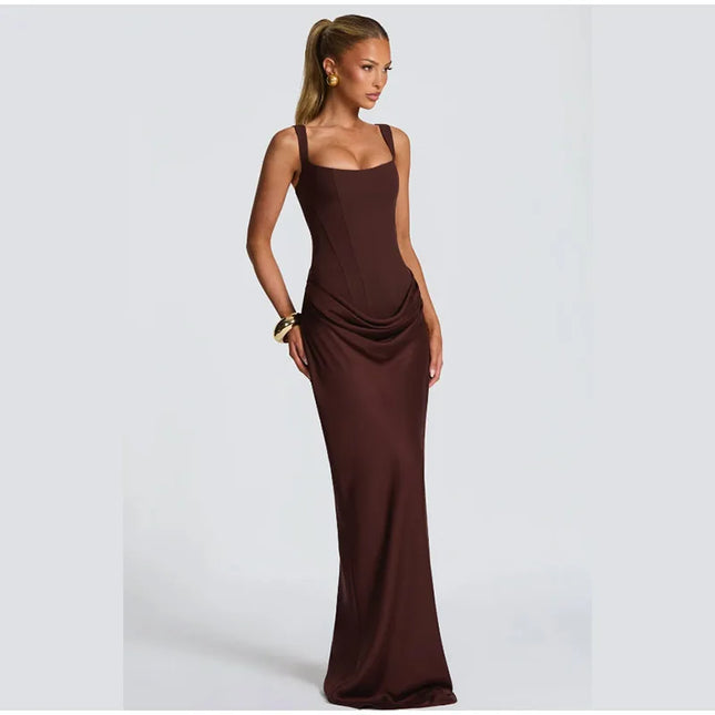 Brown pleated maxi dress showcasing a square neck and sleeveless design, perfect for elegant evening occasions.