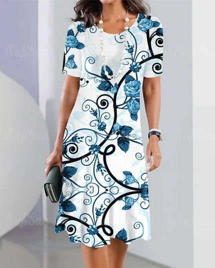 Summer women's dresses 3d floral print featuring blue rose designs on a short sleeve A-line dress.