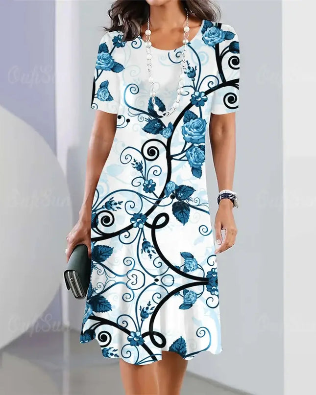 Summer women's dresses 3d floral print featuring blue rose designs on a short sleeve A-line dress.