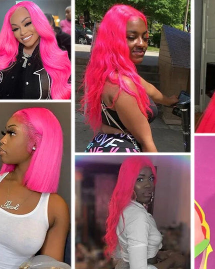 Collage of a woman with bright pink hair in various settings.