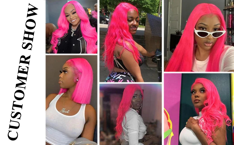 Collage of a woman with bright pink hair in various settings.
