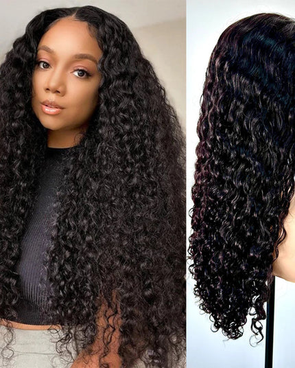 Curly virgin human hair lace wig shown on model and display mannequin, featuring 250% density and natural black color.