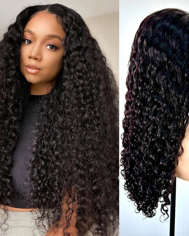 Curly virgin human hair lace wig shown on model and display mannequin, featuring 250% density and natural black color.