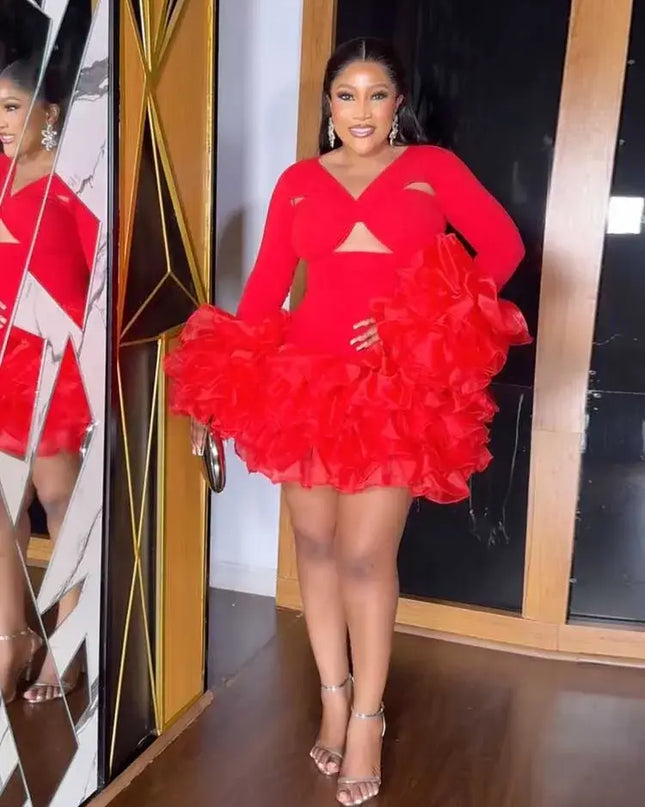 Sexy petal sleeve mini dress in red with ruffled skirt for elegant spring occasions.