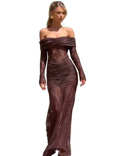 Woman in a brown off-shoulder dress standing against a stone wall with 'NBP neonbabipink' branding.