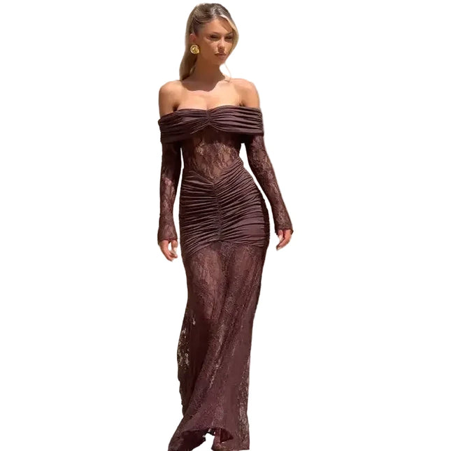 Woman in a brown off-shoulder dress standing against a stone wall with 'NBP neonbabipink' branding.