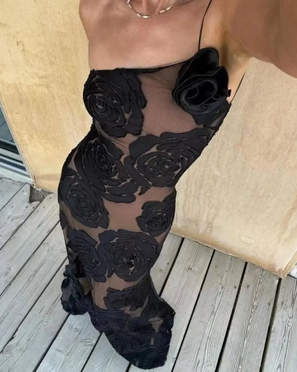 Oligai one shoulder elegant dress featuring sexy mesh design and floral details in black for weddings and parties.