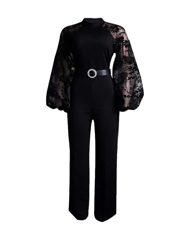 Black jumpsuit with sheer sleeves on a white background