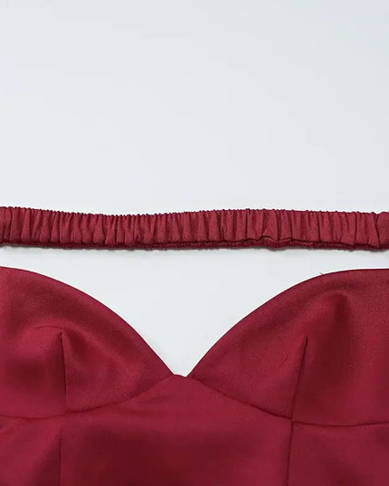 Elegant off shoulder mini dress party strapless design showcasing deep burgundy fabric and flattering cut.