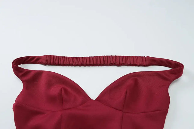 Elegant off shoulder mini dress party strapless design showcasing deep burgundy fabric and flattering cut.