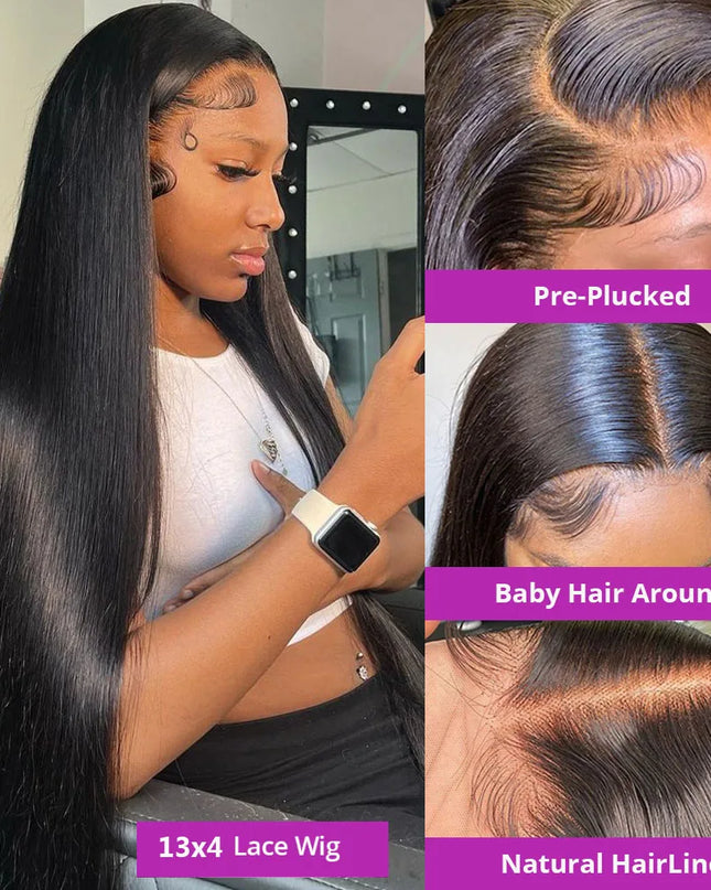 Woman with a 13x4 lace wig and close-up details of the wig's construction.
