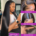 Woman with a 13x4 lace wig and close-up details of the wig's construction.