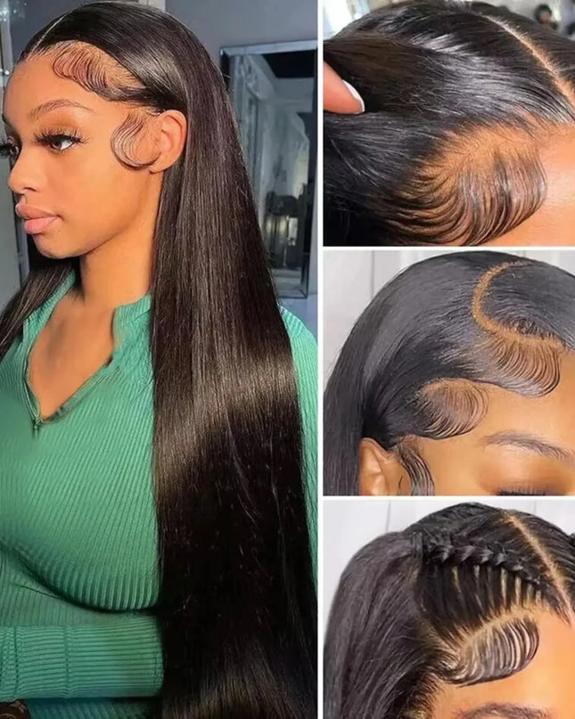 Woman with long straight hair and close-up shots of hairline and texture.