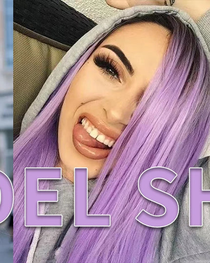 Three images of a model with purple hair, with the text 'MODEL SHOW' displayed.