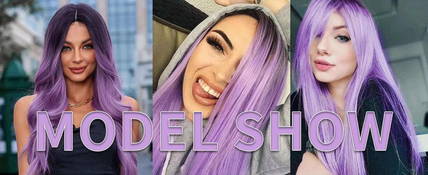 Three images of a model with purple hair, with the text 'MODEL SHOW' displayed.