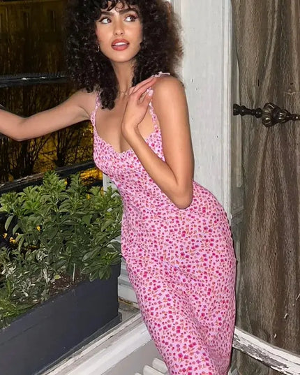 Floral Suspender Split Mini Dress 2024 Summer New Slim Sleeveless Patry Beach Style Spaghetti Strap Dress Women Clothes