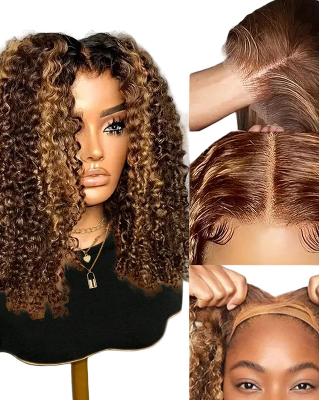 Wavy brown hair wig on a mannequin head with close-up views of the lace front and side view.