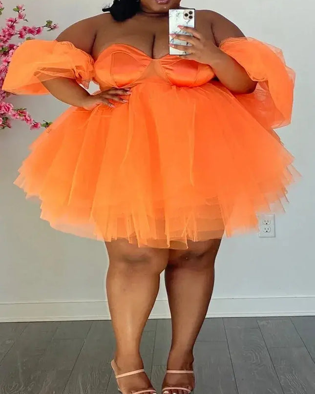 Wmstar Plus Size Sexy V-Neck Mesh Mini Dress in vibrant orange, featuring puff sleeves and a flattering tulle design.