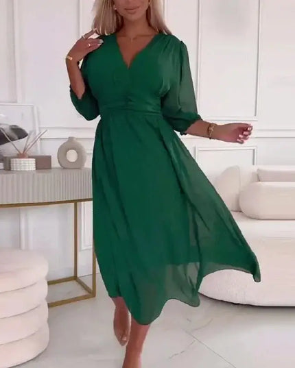 Sexy V Neck Solid Chiffon Long Dress Women Spring Elegant High-waisted Slim Party Dress Autumn 3/4 Sleeve A-Line Bohemian Dress