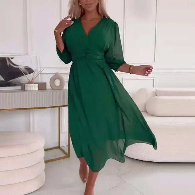 Sexy V Neck Solid Chiffon Long Dress Women Spring Elegant High-waisted Slim Party Dress Autumn 3/4 Sleeve A-Line Bohemian Dress