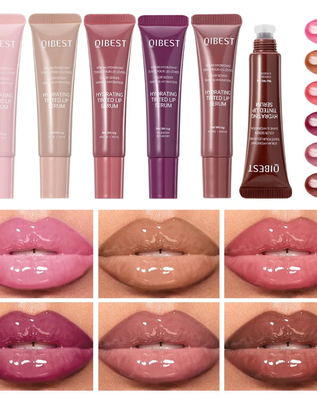 Collection of Qibest lip serum tubes with color swatches and lip samples.