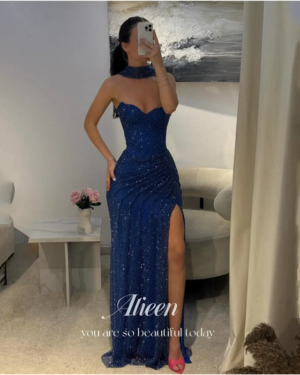 Aileen women's prom dress 2025 in dark blue, elegant off-shoulder design perfect for formal occasions and special events.