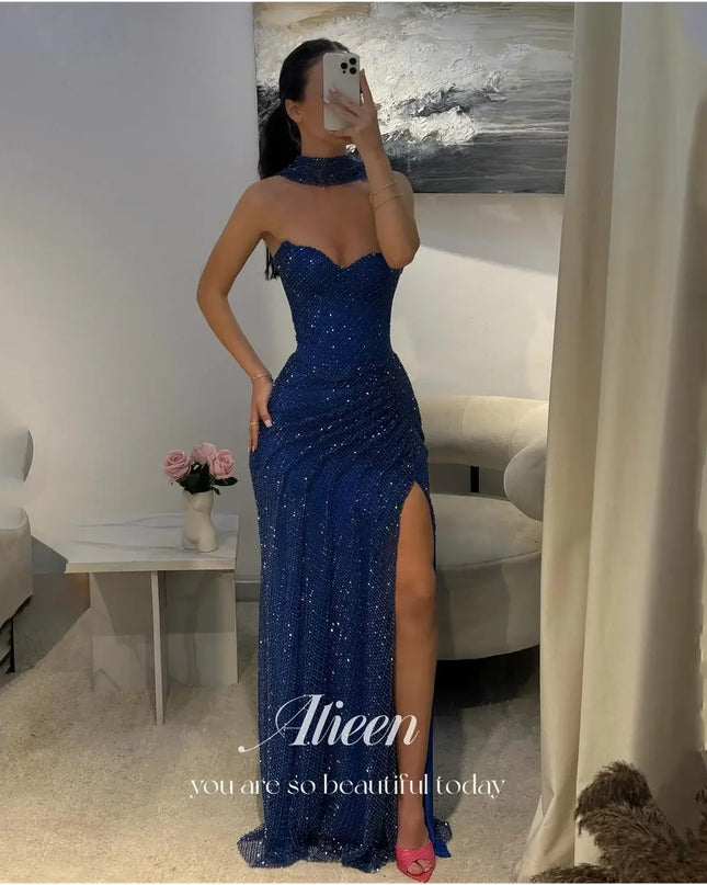 Aileen women's prom dress 2025 in dark blue, elegant off-shoulder design perfect for formal occasions and special events.