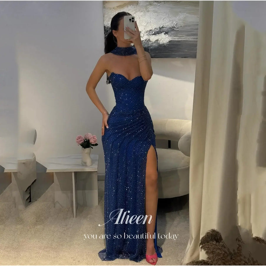 Aileen women's prom dress 2025 in dark blue, elegant off-shoulder design perfect for formal occasions and special events.