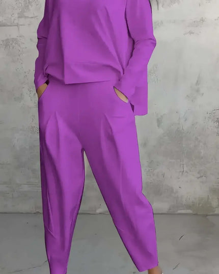 Women's Two-piece Solid Color Round Neck Long Sleeved Top and Casual Pants Set for Autumn 2024