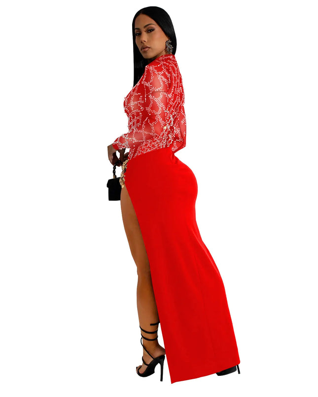 2024 Autumn Women's Hot Diamond Sexy Cutout Long-sleeved Slit Party Dress Birthday Dress for Women Sexy Dress
