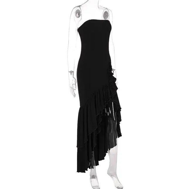 Sexy strapless summer dress featuring an irregular ruffle design, perfect for a stylish spring or summer outing.