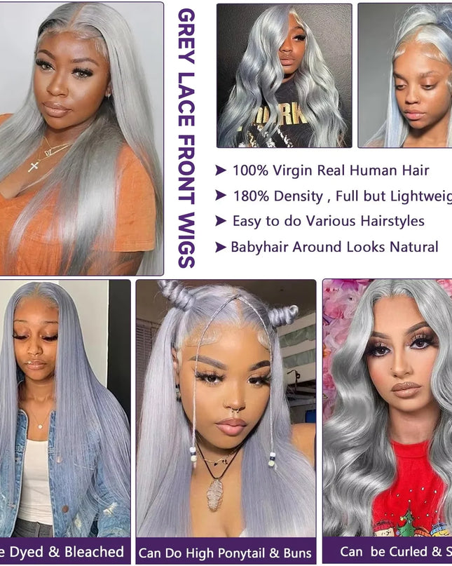 Promotional image of gray lace front wigs with a model wearing them, detailing features like 100% virgin real human hair and ease of styling.