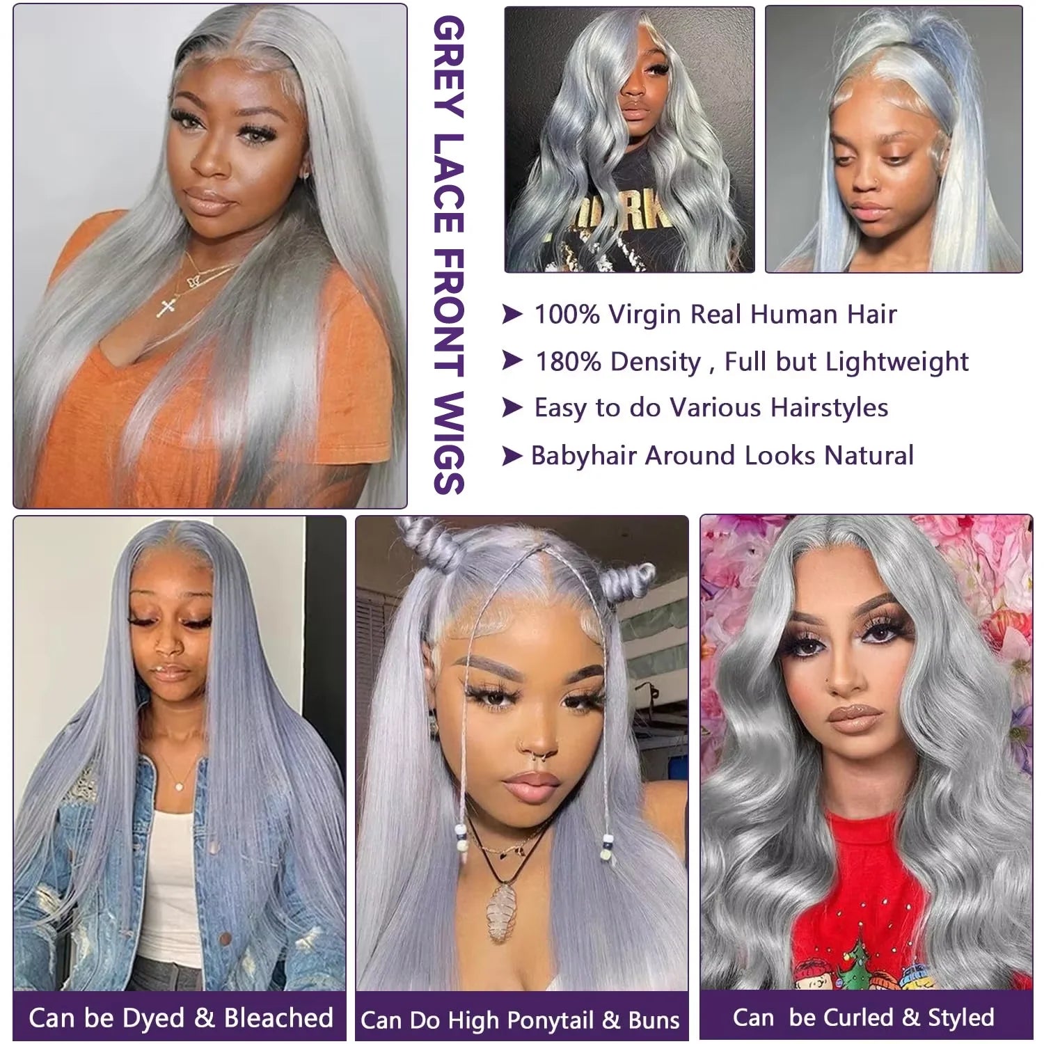Promotional image of gray lace front wigs with a model wearing them, detailing features like 100% virgin real human hair and ease of styling.